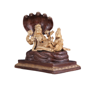 Pure Brass Resting Vishnu Lakshmi on Sheshanaag Idol - 6.9" Dual Tone Sculpture | Divine Couple Hindu Murti for Home Temple (133 characters)